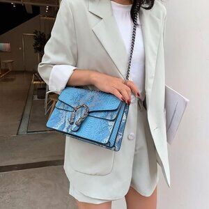 ⚡ Women's Light Blue  Leather Snake Print Crossbody Square Satchel Handbag